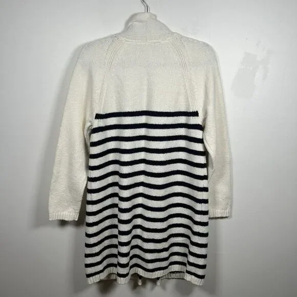 J Jill Long Sleeve Open Cardigan Sweater Cream Navy Blue Striped Size Small - Picture 4 of 7